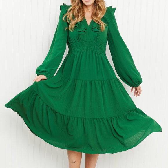 Davi & Dani Multi Smocked Bodice Geo Ruffle Strappy Midi Dress